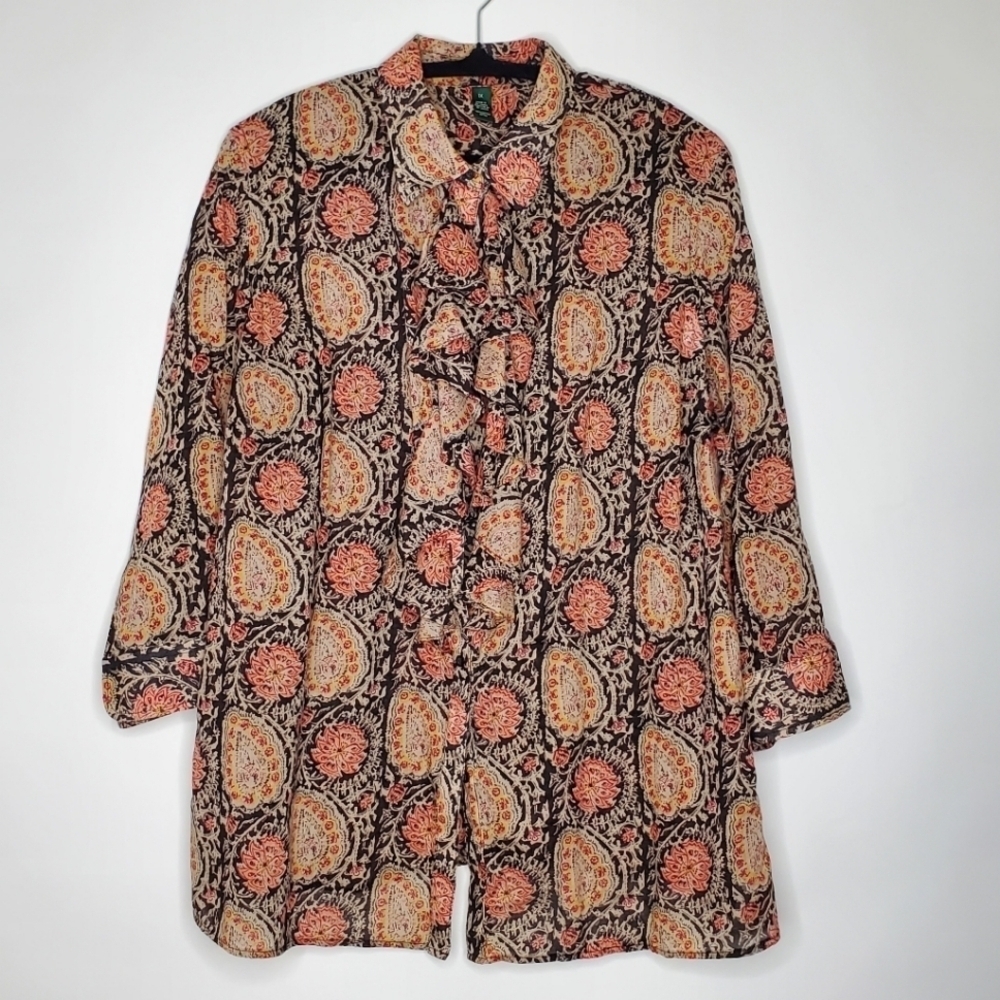 Lauren Ralph Lauren Paisley Print Ruffle Blouse Size 1X Button-up Cotton Shirt